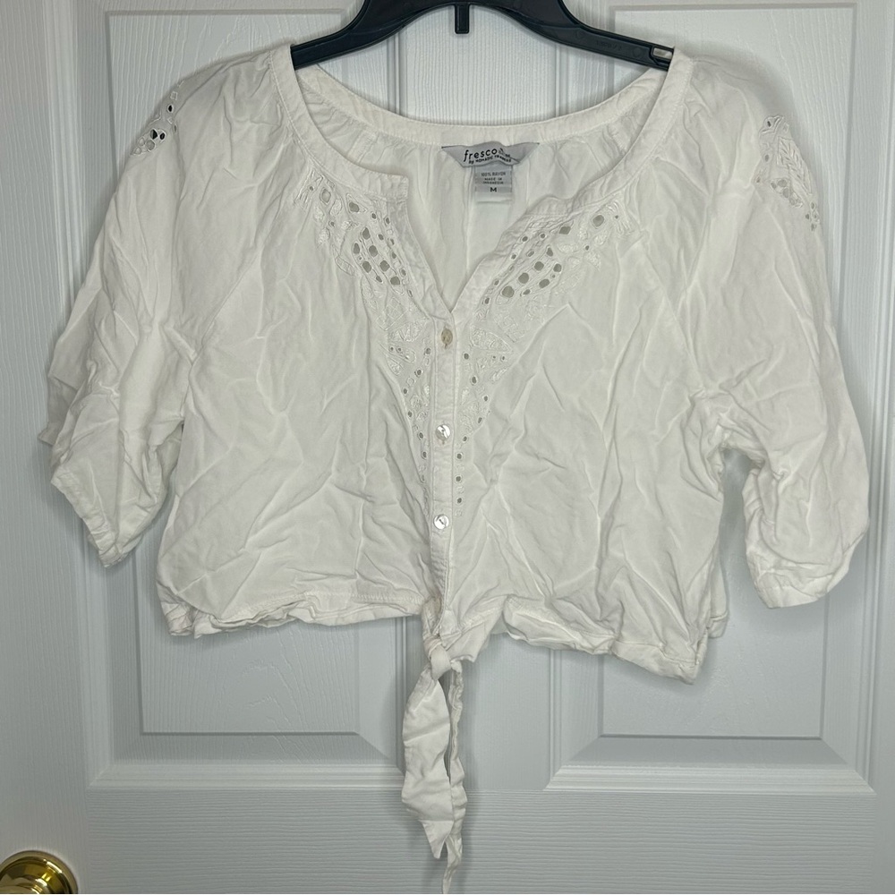 Fresco by Nomadic Traders Vintage White Eyelet Tie‎ Waist Crop Top Size M